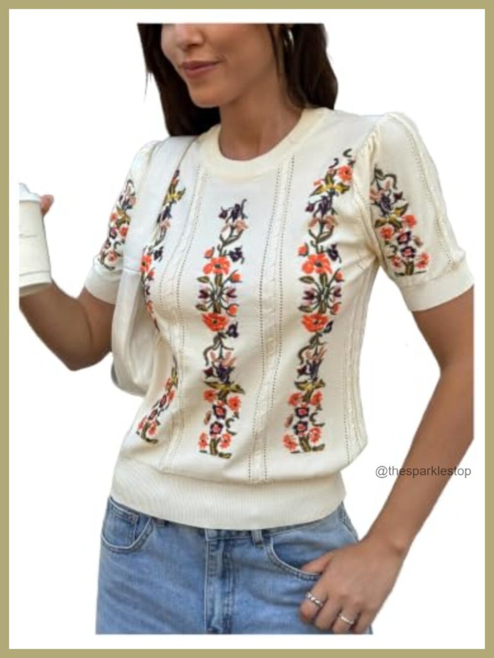 SHENHE Womens Short Sleeve Cable Knit Floral Embroidered Sweater Pullover
